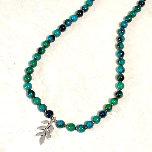 Teal Chrysocolla Short Necklace, Genuine Gemstone & Silver Leaf Branch Pendant - Picture 7 of 13